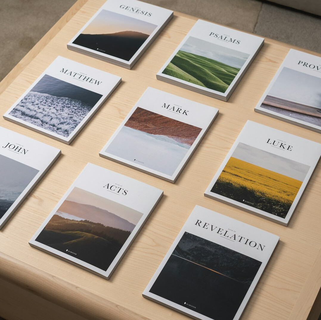 Printed research reports and infographics spread on a white table