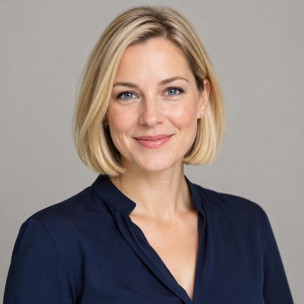 Portrait of a woman with a blonde bob haircut in a navy blouse