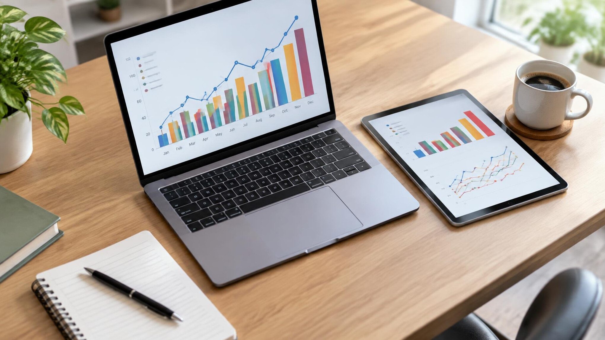 Laptop and tablet displaying colorful statistical charts on a desk